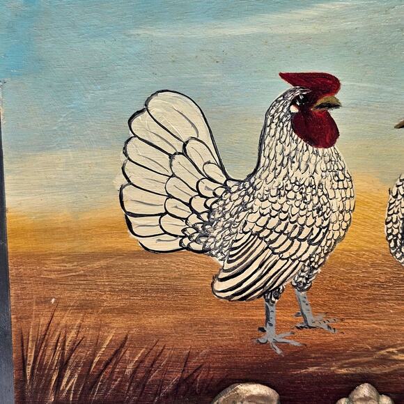 Hand-Painted White Rooster & Chicken Farmhouse Wall Art - 5x7 Wood Artist Signed - Picture 2 of 5